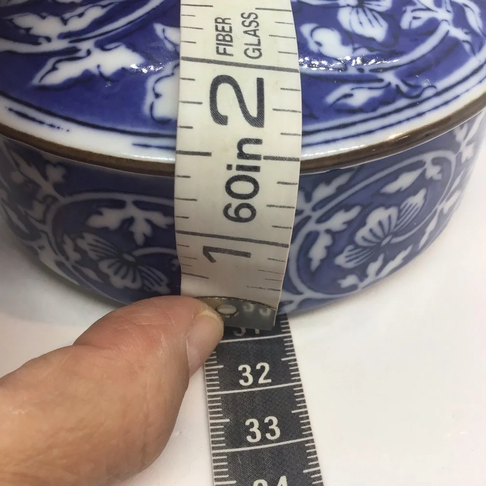 Vintage Porcelain Round Trinket Box with Lid Blue Floral Pattern Japan Signed